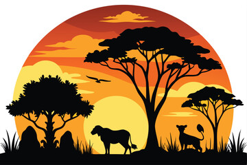 Silhouette of African Animals at Sunset vector