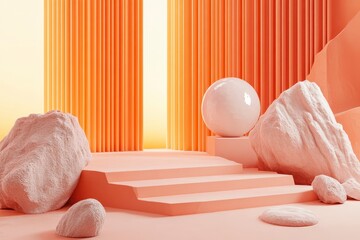 Abstract Interior Scene with Orange Textures and Geometric Shapes