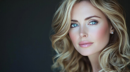 Naklejka premium A portrait of an attractive woman with blonde hair and blue eyes, wearing soft, glamorous makeup, generative AI