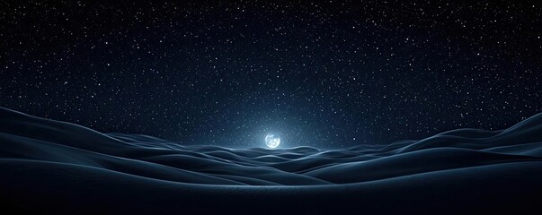 Dramatic nighttime abstract background concept. A serene night landscape with a glowing celestial body over dark undulating waves.