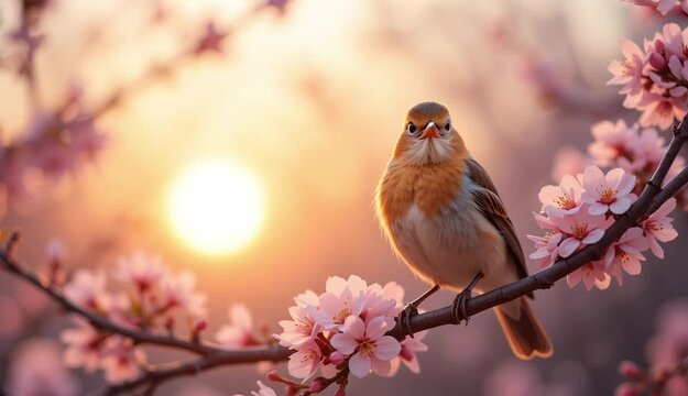 A cheerful bird perched on a cherry blossom branch, as the sun rises over a spring morning