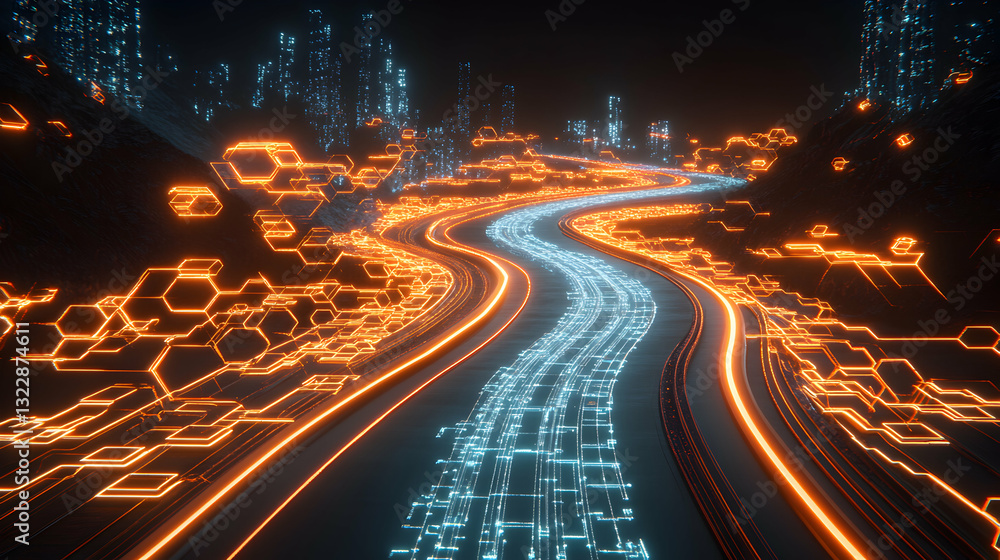 Poster futuristic highway winding through a neon cityscape at night, glowing with digital hexagons and data