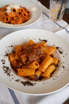 Rigatoni with Braised Beef Ragu and Dark Chocolate Shavings