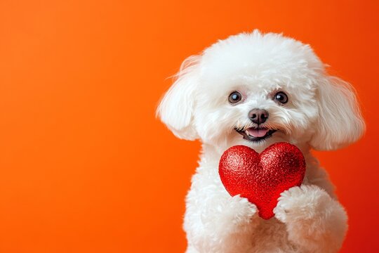 Cute bichon frise doggy with diamond red heart - sign of love, funny greeting card. Digital ads visual idea. Bichon frise - my cherished dog. Puppy valentine's moments. Valentine's animals.