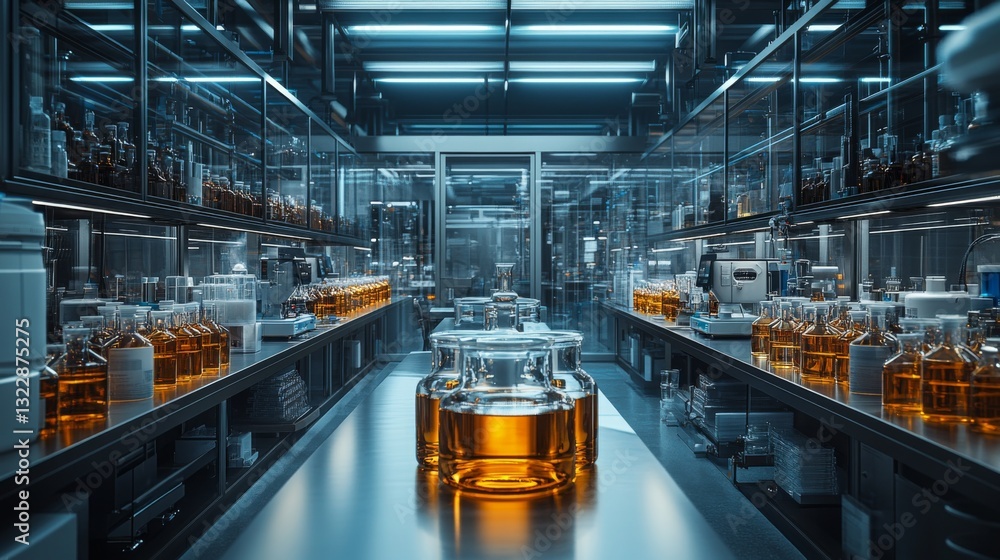 Poster a modern laboratory showcases advanced equipment and glowing glass containers filled with colorful l