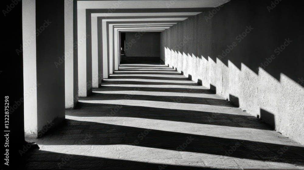 Poster shadows and light play in architectural corridor with geometric patterns and symmetrical lines