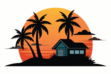 Obraz premium silhouette A house on the water with palm trees sunset in the background