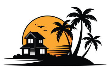 Obraz premium A beach house with palm trees and a beach scene