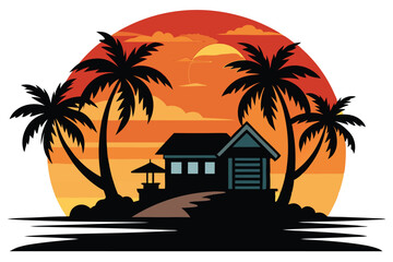 Obraz premium A house with palm trees and a sunset in the background