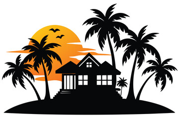 Obraz premium A house with palm trees and a sunset in the background