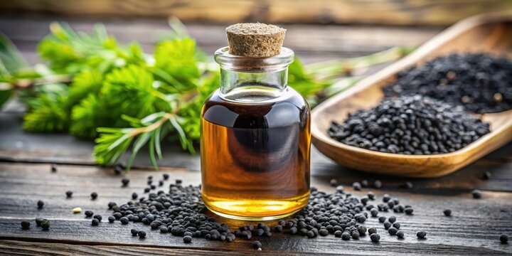 Close-up of black cumin oil bottle on table with selective focus