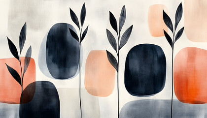 Abstract art print featuring stylized plants and organic shapes in muted peach, gray, and navy. Perfect for home decor, adding a touch of modern elegance.