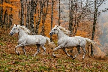 Majestic White Horses Running Through Autumn Forest with Vibrant Orange Leaves