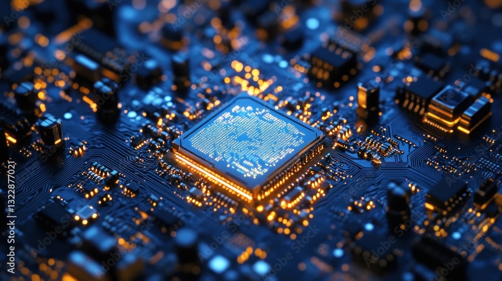 Poster close-up of a microchip on a circuit board with glowing lights