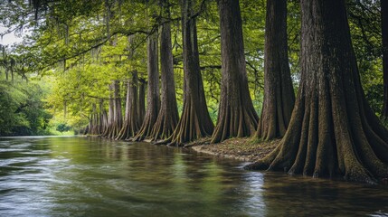 Obraz premium Tranquil waterway scene framed by a rhythmic row of majestic cypress trees