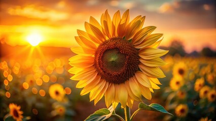 Obraz premium Lone Sunflower Sunset Macro Photography - Shallow Depth of Field, Vibrant Colors, Golden Hour