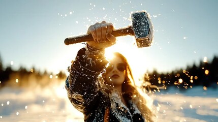 A woman raising a frozen hammer in a snowy landscape