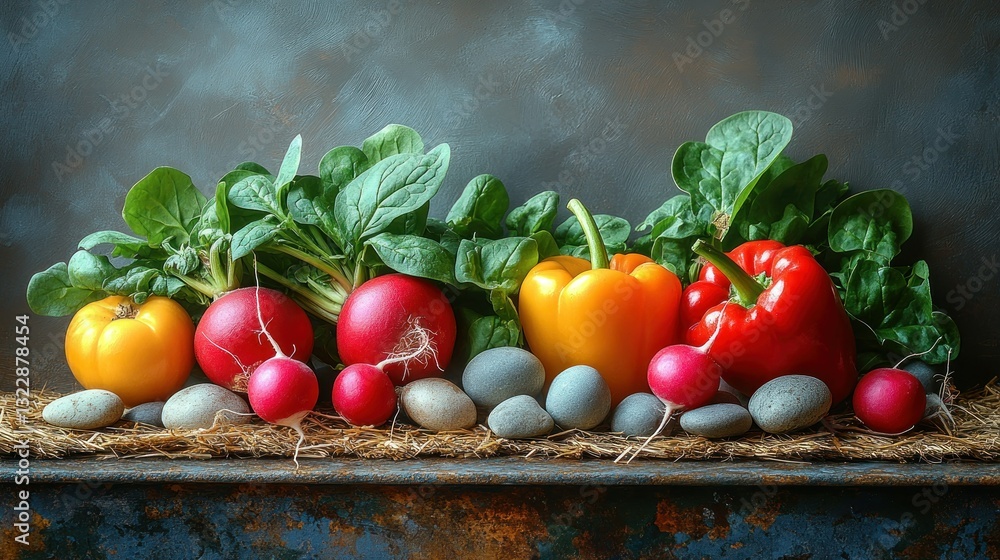Poster fresh colorful vegetables and smooth stones on rustic table with natural background