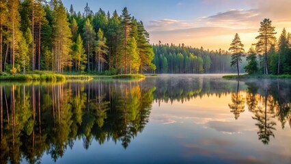 Fototapeta premium Dense foliage and serene lake reflections in a Karelian forest landscape at dawn, forest ecosystem, nature photography