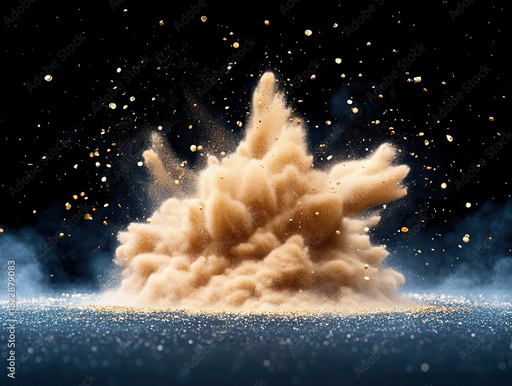 Poster explosive sand eruption creating a cloud of dust with sparkling particles