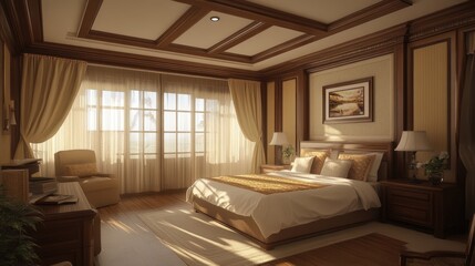 Fototapeta premium Elegant bedroom interior with sunlight streaming through windows