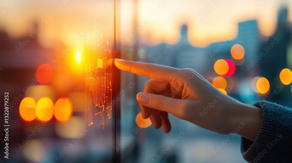 Poster touching a screen with a sunset backdrop.