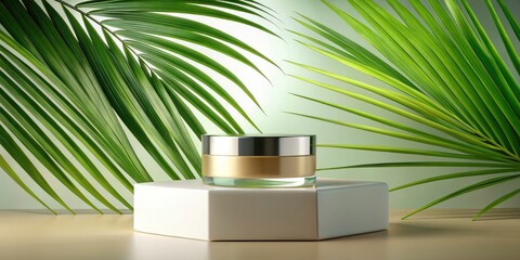 Luxury Beauty Product Mockup: Panoramic Podium Display with Blank Label & Palm Leaf Background
