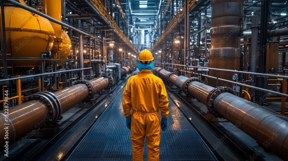Fototapete an engineer in a yellow suit and helmet inspects the automated pipelines within a large petrochemica