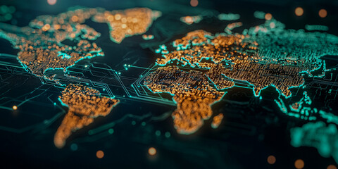 A digital representation of a world map illuminated in vibrant colors, showcasing geographical features and connected nodes, symbolizing global connectivity.