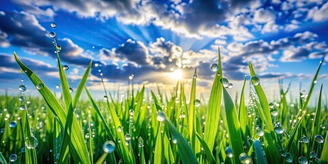 Obraz premium Macro Photography of Vibrant Green Grass Field Under a Clear Blue Sky with Fluffy White Clouds - Nature Landscape Background for Serenity and Outdoors Imagery