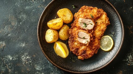 Crispy Breaded Chicken Cutlet with Potatoes and Lemon
