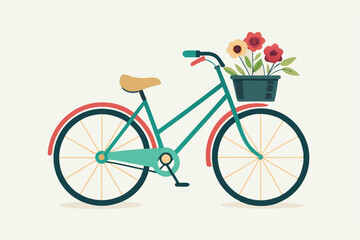 Fototapeta premium Hand drawn spring turquoise bicycle with flowers in a basket, butterflies, and balloons. Isolated on white background. Vector illustration. Retro bicycle with colorful flowers in a basket