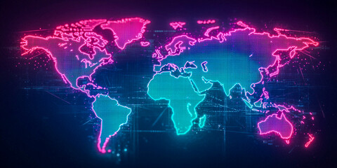 A vibrant digital world map in neon colors, showcasing continents with a futuristic technological aesthetic.