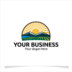 natural logo template featuring a field with rolling hills under a rising sun for your business