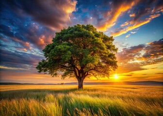 Obraz premium A solitary tree stands tall against a vibrant sunset, its autumn leaves detailed in a close-up rural landscape.