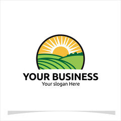 natural logo template featuring a field with rolling hills under a rising sun for your company