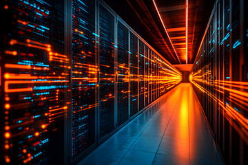 Futuristic server room corridor, glowing data streams, vibrant orange and blue hues, digital technology, data center infrastructure.