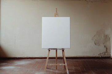 Blank White Canvas on Wooden Easel in Studio with Textured Wall