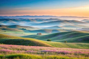 Serene Sunrise Over Rolling Hills and Wildflowers A Breathtaking Panorama of Undulating Landscape