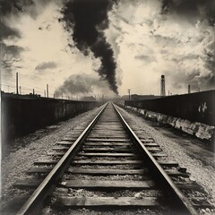 Fototapeta premium Railroad Tracks Leading to Industrial Landscape