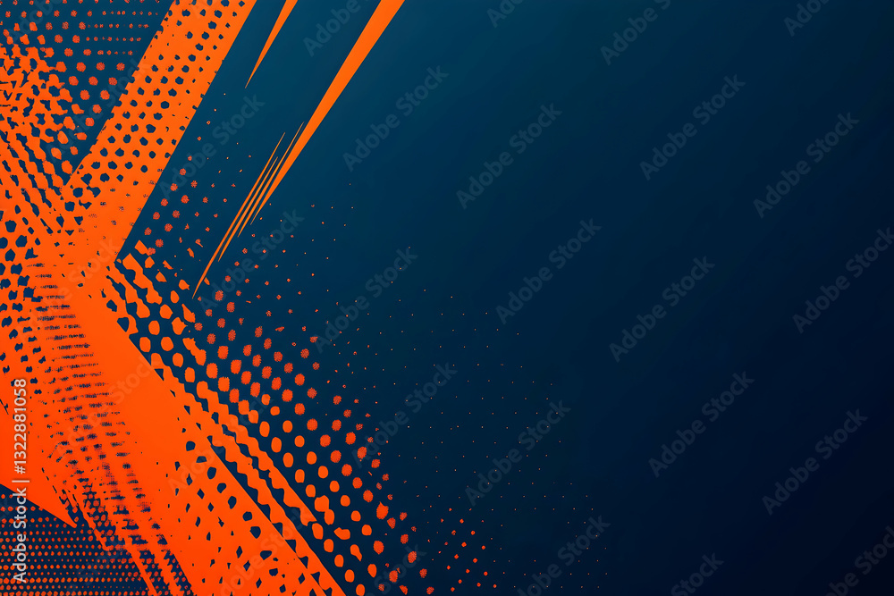 Poster abstract dynamic background with vibrant orange and dark blue color scheme, featuring bold strokes, 