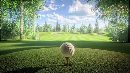 Golf ball balanced on a tee, ready for a swing in a digital golf simulator environment