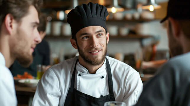 Three chefs chatting in the kitchen