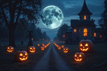 Enigmatic Halloween Twilight Scene with Radiant Silver Moon and Haunting Glow
