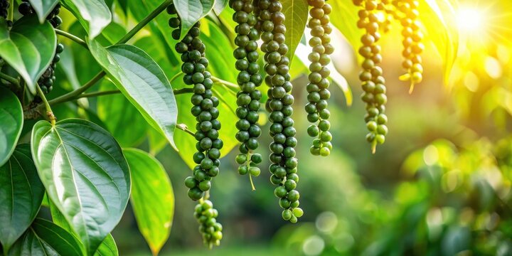 Vibrant black pepper fruits hanging from branches of a lush green tree in a serene garden setting with sunlight filtering through leaves , green, garden