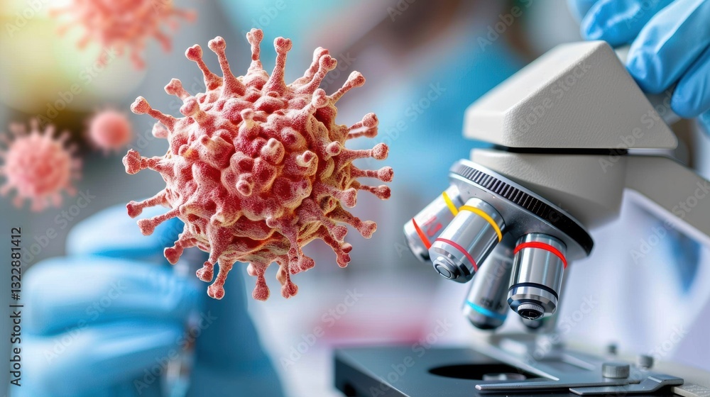 Poster microscope examining a virus in a laboratory setting.