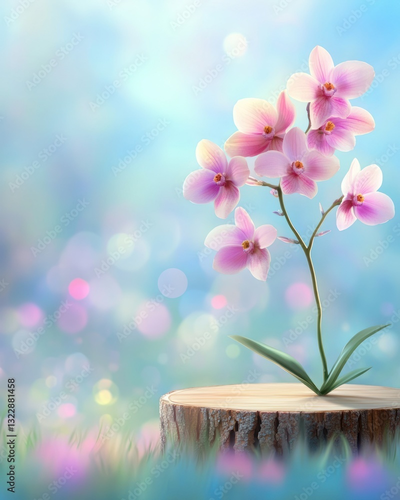 Poster delicate pink orchids displayed on wooden log with soft bokeh background bliss