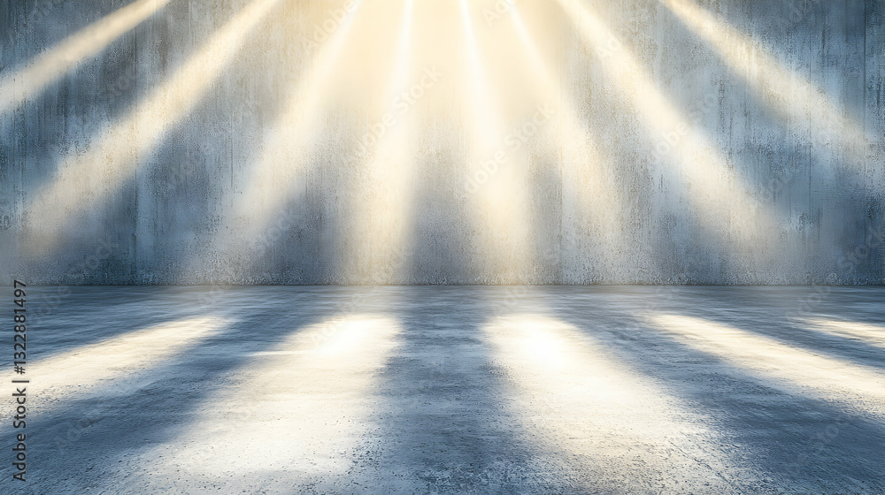 Poster dramatic light rays illuminate a grungy concrete room, creating a moody and atmospheric backdrop. pe