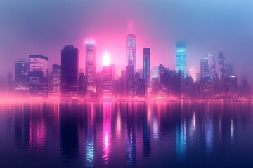 Fototapeta premium Reflective Skyline of Buildings Illuminated by Neon Lights