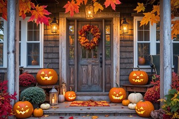 Cozy Rustic Porch Decor Featuring Hand Carved Pumpkins Glowing Lanterns and Colorful Fall Foliage